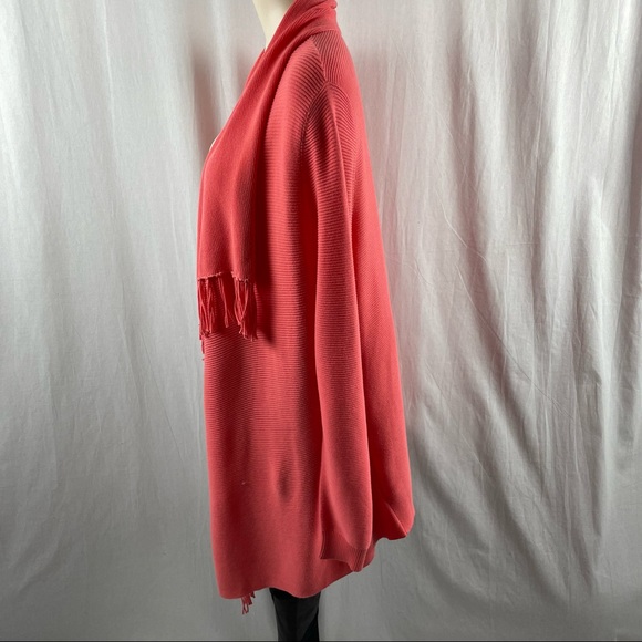Repeat Coral Pink Open Cotton Blend Long Cardigan with Fringe Trimmed Edge M - Picture 4 of 8